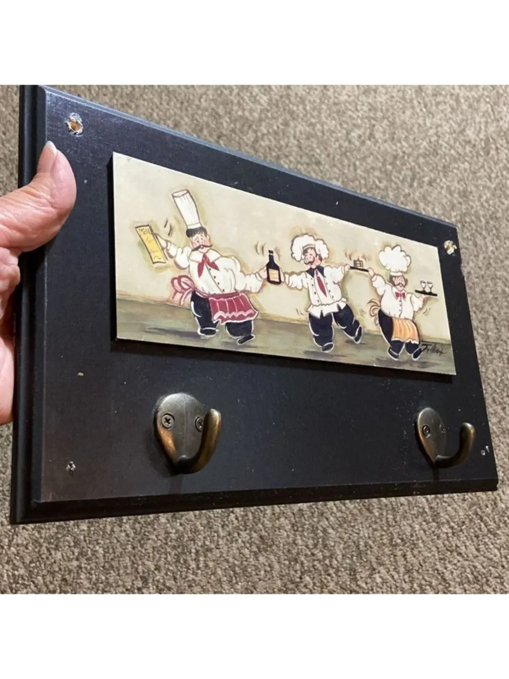 Joy Aldridge Black Chef Trio Wall Hook Plaque - Decorative Kitchen Hook Rack